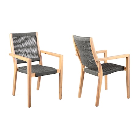Armen Living Madsen Outdoor Eucalyptus Wood and Charcoal Rope Dining Chairs with Teak Finish, PK2 LCMASICHTK